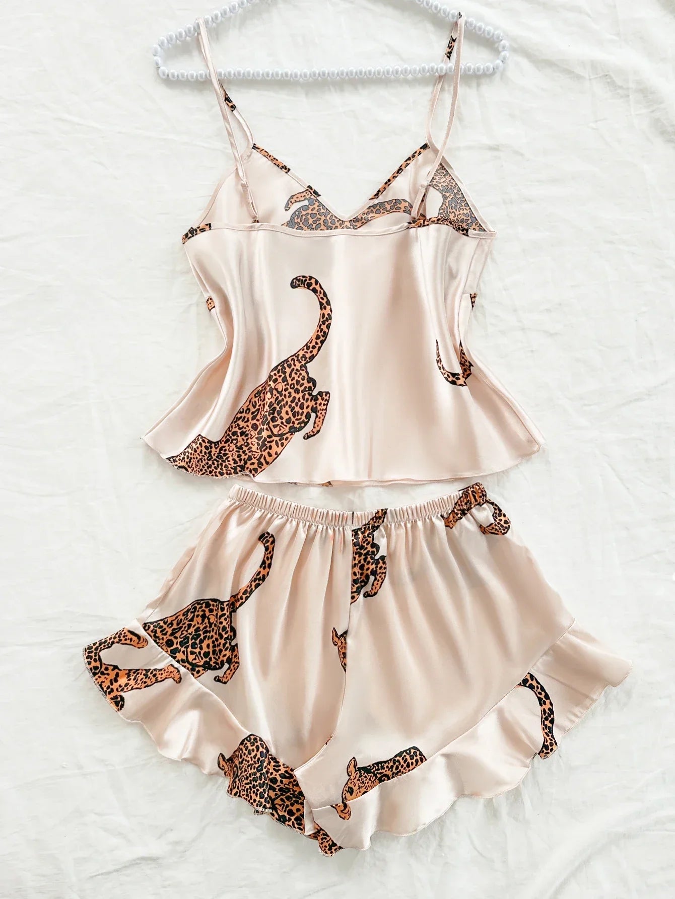 Summer 2-pieces Pink Leopard Printed Pajamas Set for Women Sexy Ice Silk Stain Sleepwear Casual Crop Tops and Shorts Lounge