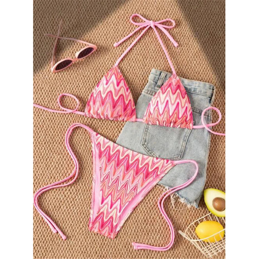 Printed Halter Bikini Female Swimsuit Women Swimwear Two-Pieces Bikini Set High Leg Cut Strappy Bather Bathing Suit Swim V8176