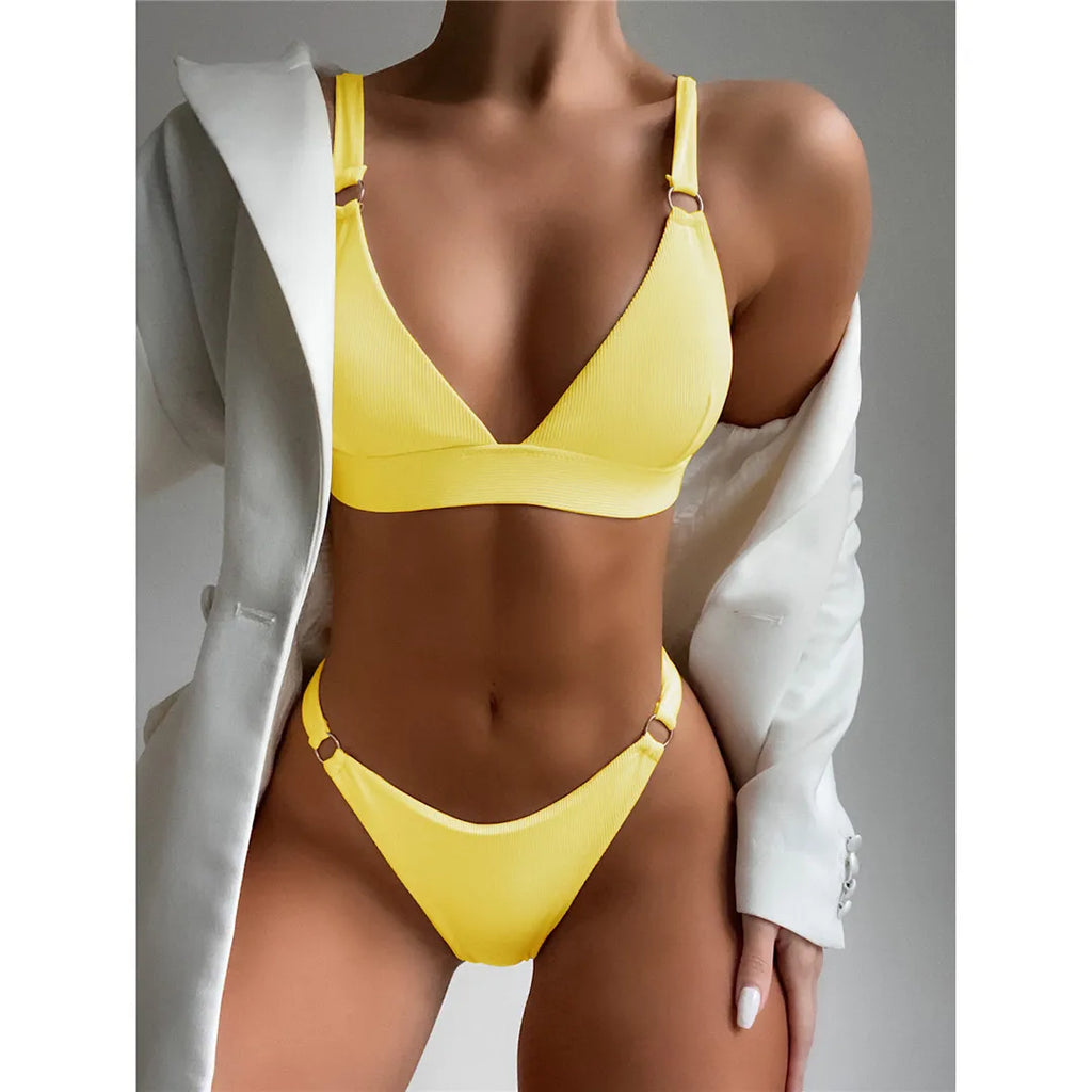 Sexy High Leg Cut Ribbed Bikini Women Swimwear Female Swimsuit Two-Pieces Bikini Set Padded Bather Bathing Suit Swim Lady V3255