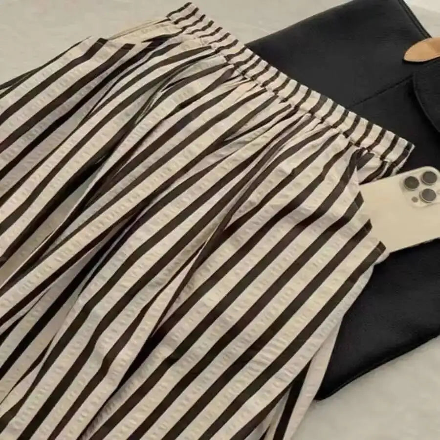 Retro Chic Solid Color Striped Skirt For Women In Summer, High Waisted And Slimming A-line Mid Length Umbrella Skirt Casual OHS8