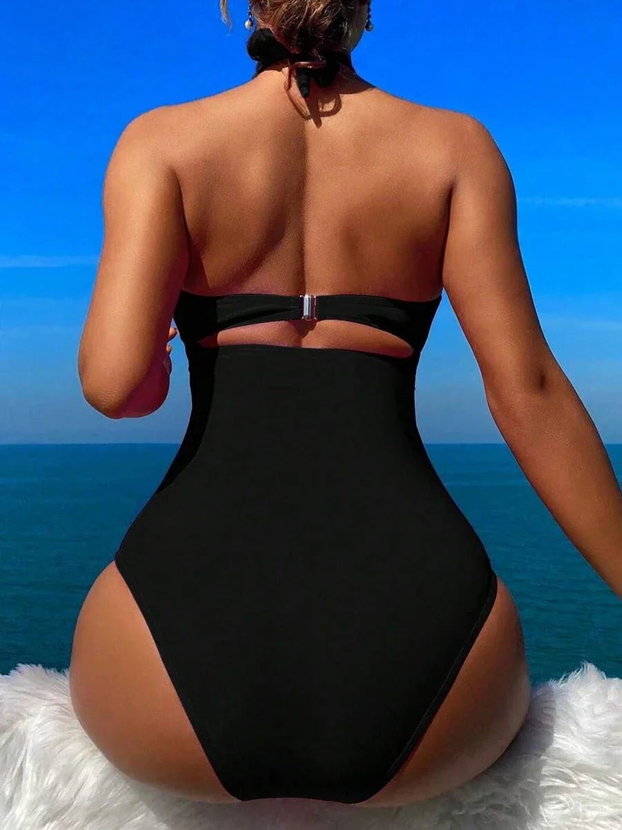 2026 Sexy Padded Swimsuit Women One Piece Halter Hollow Swimwear Female Solid Bathers Bathing Swimming Swim Suit Beachwear