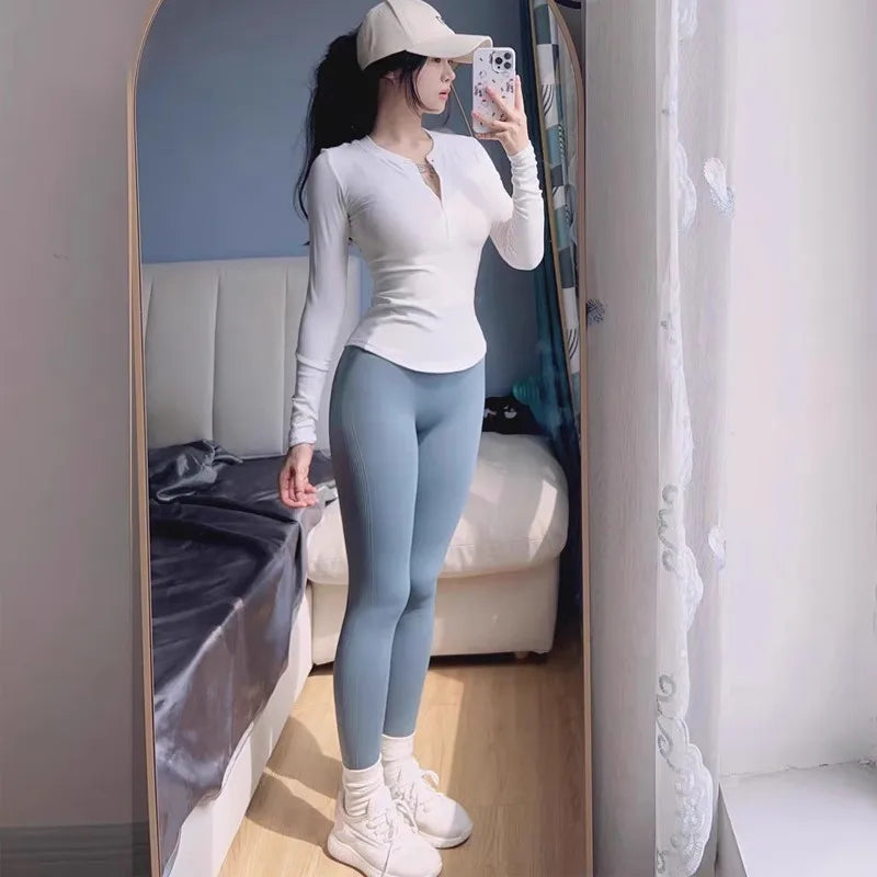 Women's fitness yoga suit, tight fitting long sleeved Henley shirt, running fitness base top