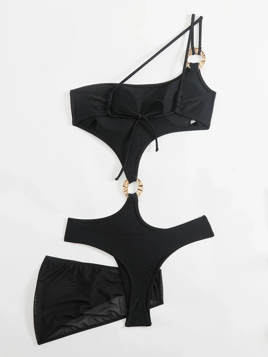Asymmetric One Shoulder Mesh Skirt One Piece Swimsuit Women Thong Swimwear Female Metal Ring Monokini Bathing Suit Beachwear