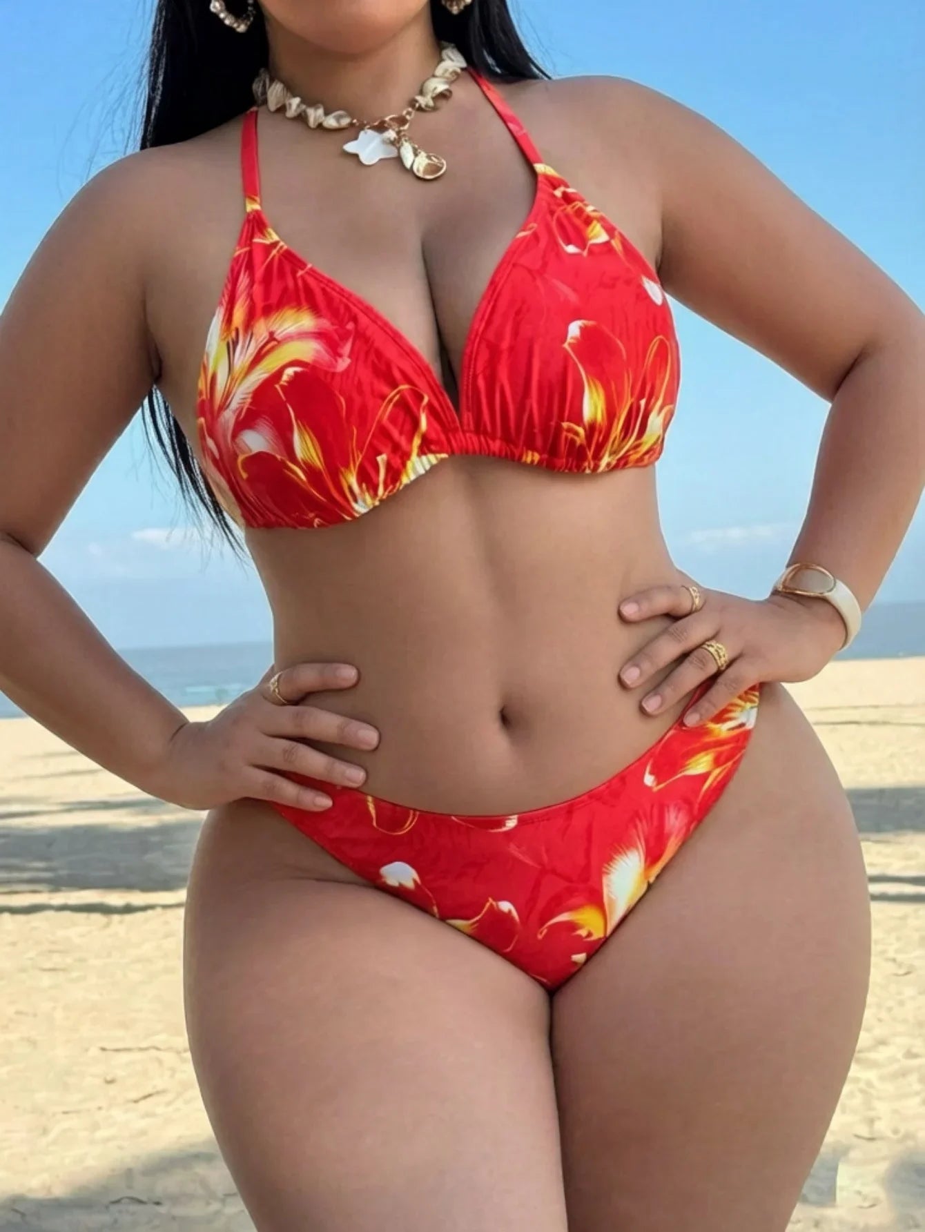 Red Floral Print Tankini Set 2026 Women Long Sleeve Drawstring Cover Up 3 Piece Swimsuit Beach Holiday Bathing Suit Swimwear 4XL