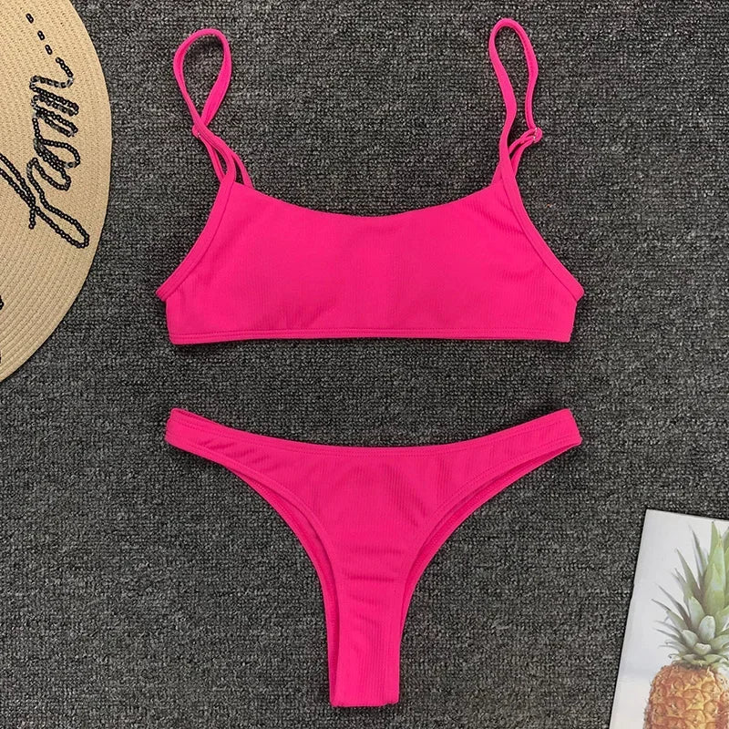 Sexy Neon Yellow Ribbed Brazilian Bikini Women Swimwear Female Swimsuit Two-pieces Bikini Set High Cut Bather Bathing Suit Swim