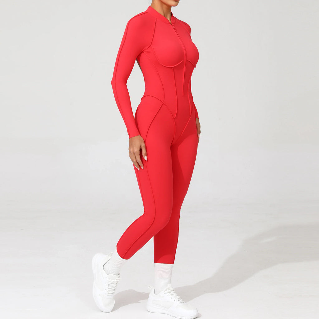 Padded Women Long Sleeve Sport Yoga Jumpsuit Workout Clothes for Women Sportwear Backless Zipper Fitness Gym Outfit