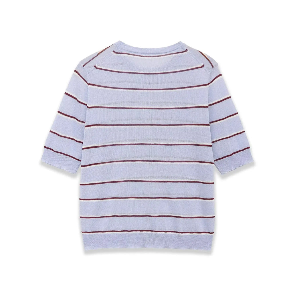 Fashion Short-sleeve Round-neck Striped Knit Top Light Blue With Knit Top Casual Sleeve Crew Neck For Women Daily Wear 0NSB