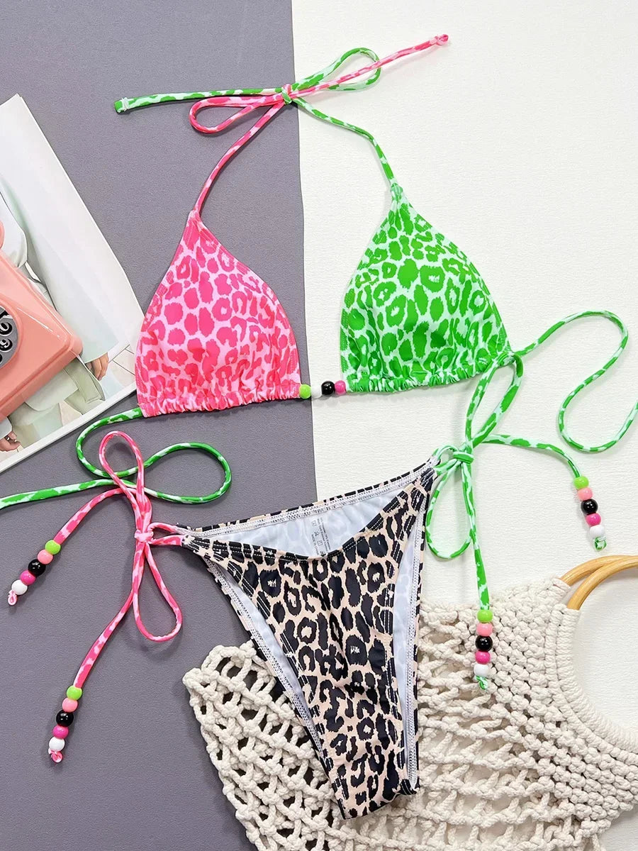 Leopard Splicing Halter Bikini Women Swimwear Female Swimsuit Two-pieces Bikini Set High Cut Bather Bathing Suit Swim Beachwear