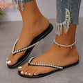 Summer Beach Pearl Decor Flip Flops Women Fashion Black Flat Clip Toe Slippers Female Plus Size Non Slip Pu Leather Slides Mujer