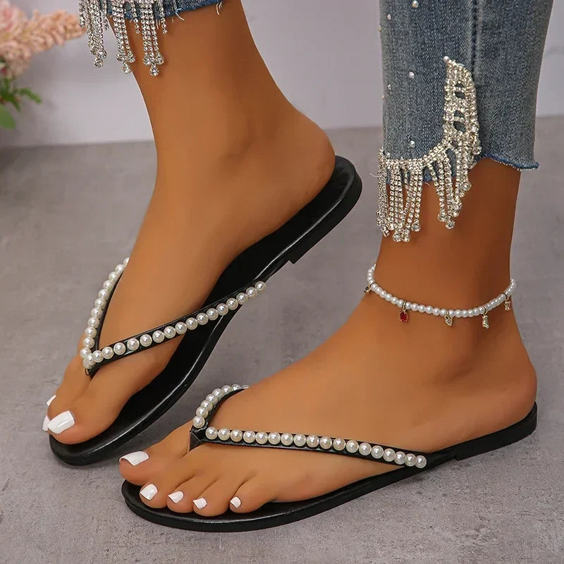 Summer Beach Pearl Decor Flip Flops Women Fashion Black Flat Clip Toe Slippers Female Plus Size Non Slip Pu Leather Slides Mujer