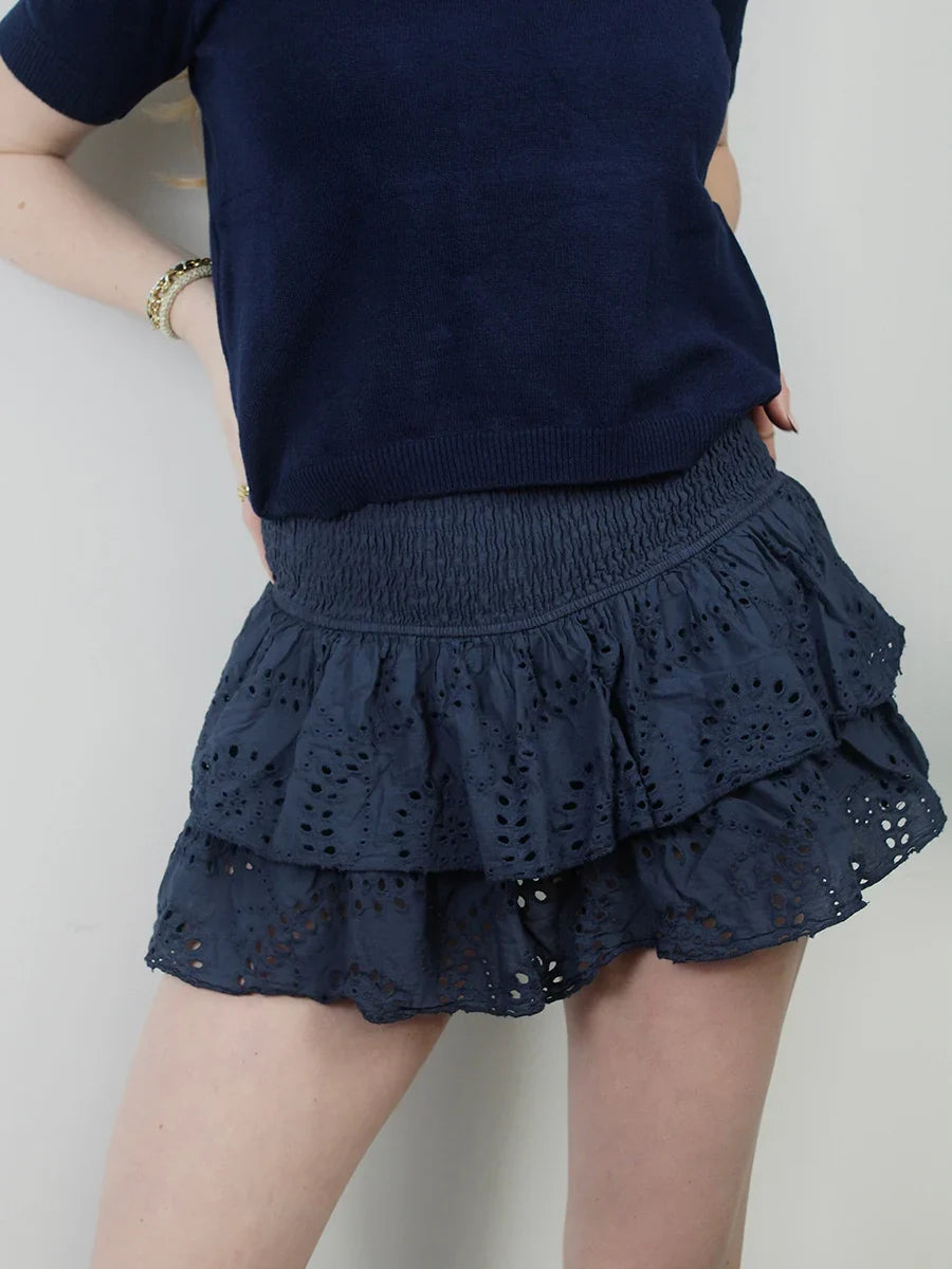 Shirred Mini Skirt A-Line Pointelle High Waist Layered Ruffle Skirt for Women 2024 Summer Solid Color Sweet Skirts