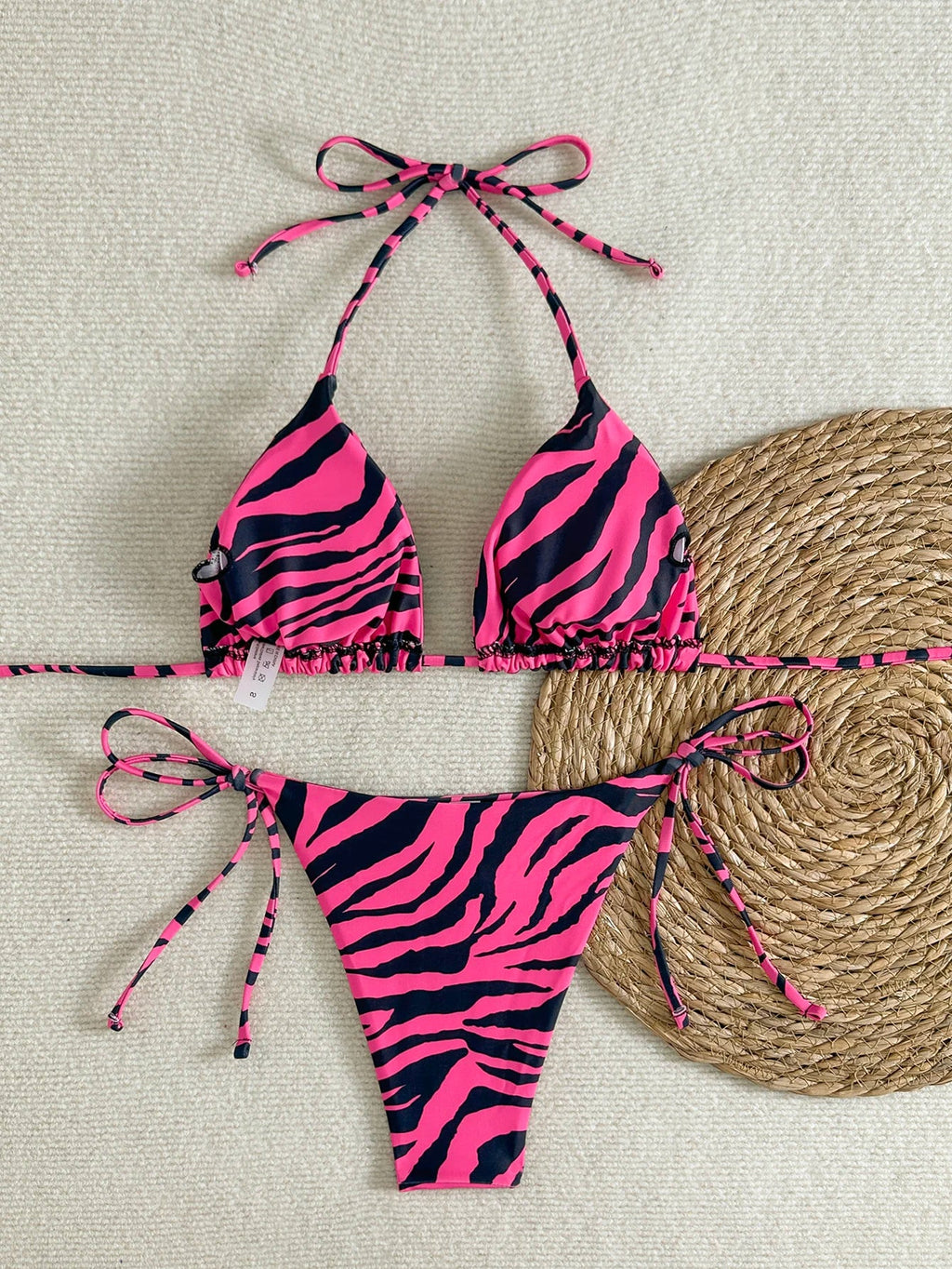 Women's Bikini Set, Two-Piece Sexy Swimsuit, Rose Red and Black Zebra Print, Side Tie Briefs, Lace-Up Triangle Bag