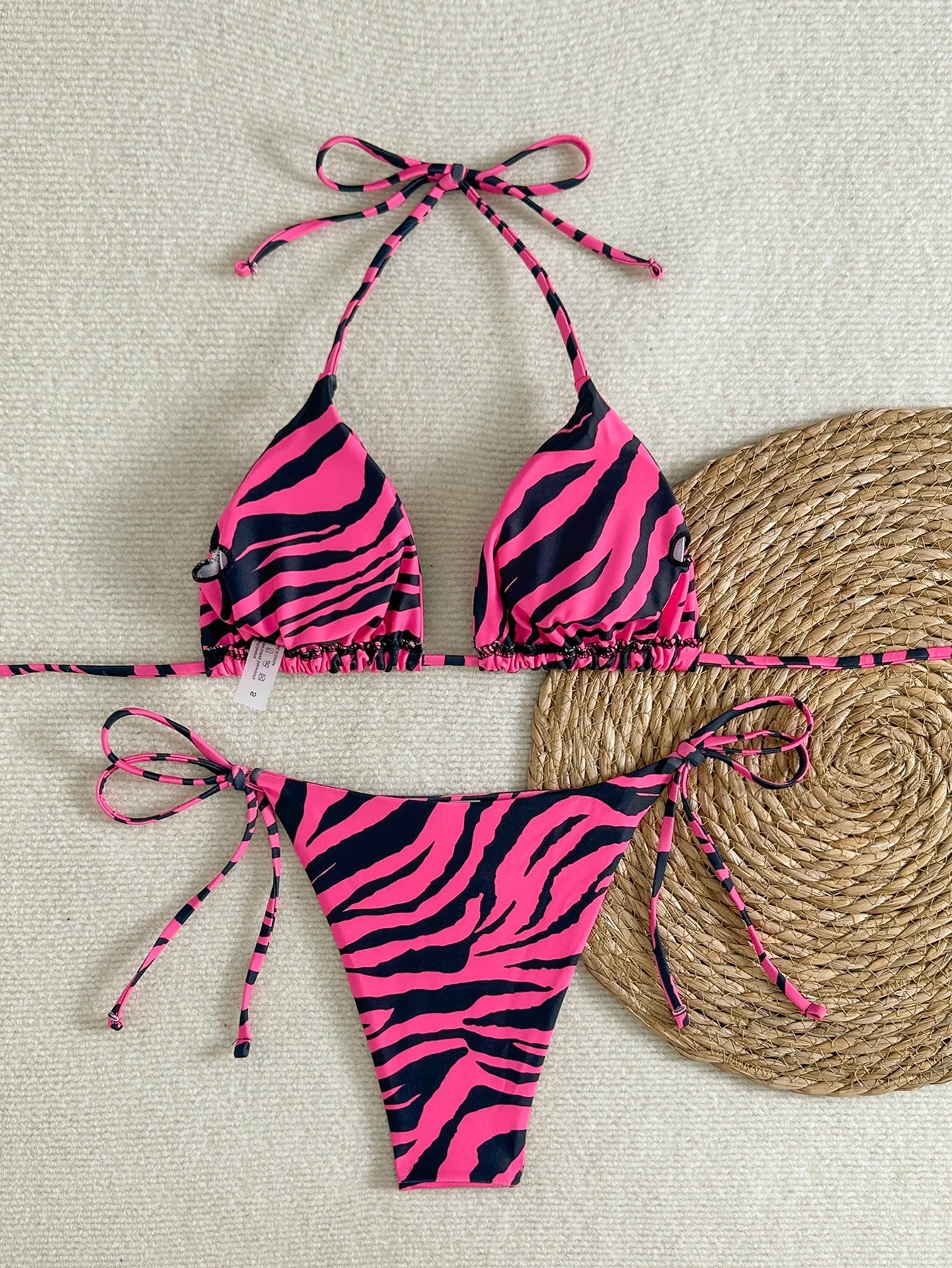 Women's Bikini Set, Two-Piece Sexy Swimsuit, Rose Red and Black Zebra Print, Side Tie Briefs, Lace-Up Triangle Bag