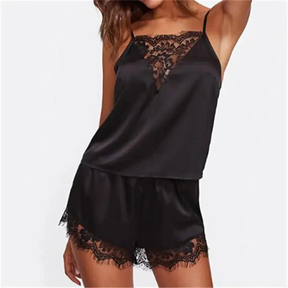 2PCS Sexy Pajama Set Women Sexy Lace Patchwork Satin Silk Suspender Top Hot Shorts Sleepwear Women Nightgown Female Sleepwear