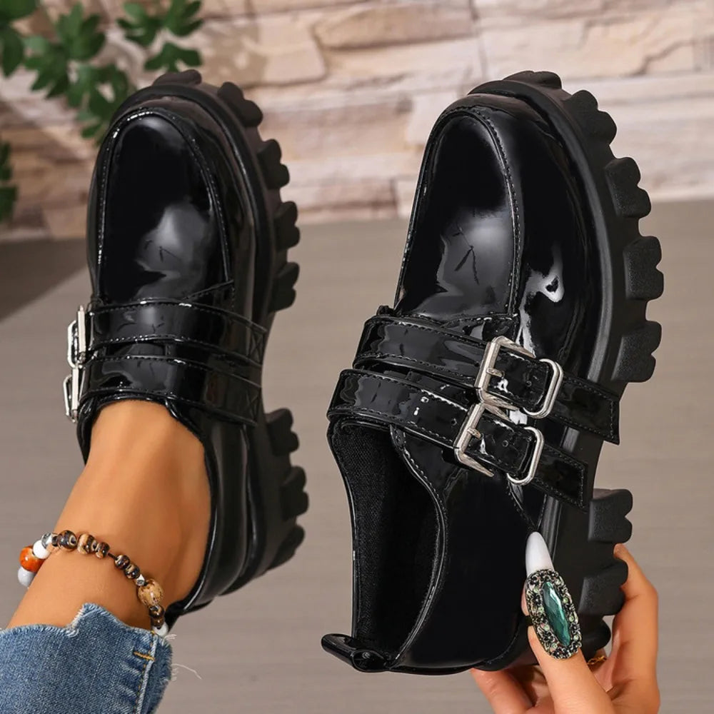 Platform Women's Punk High Heels Loafers Shoes Big Size 45 46 47 Buckle Black Thick Sole Heeled Punk Shoes Ladies 2026 Spring
