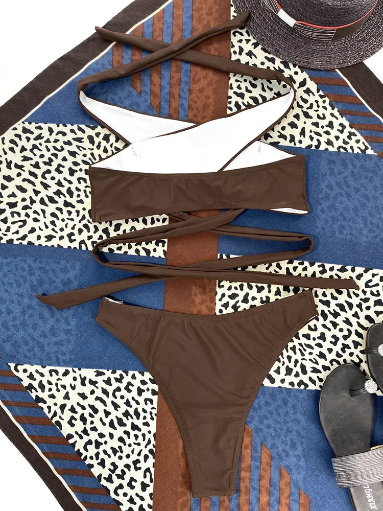 Halter Cross Bandage High Cut Bikini Female Swimsuit Women Swimwear Two-pieces Bikini Set Hollow Out Bather Bathing Suit Swim