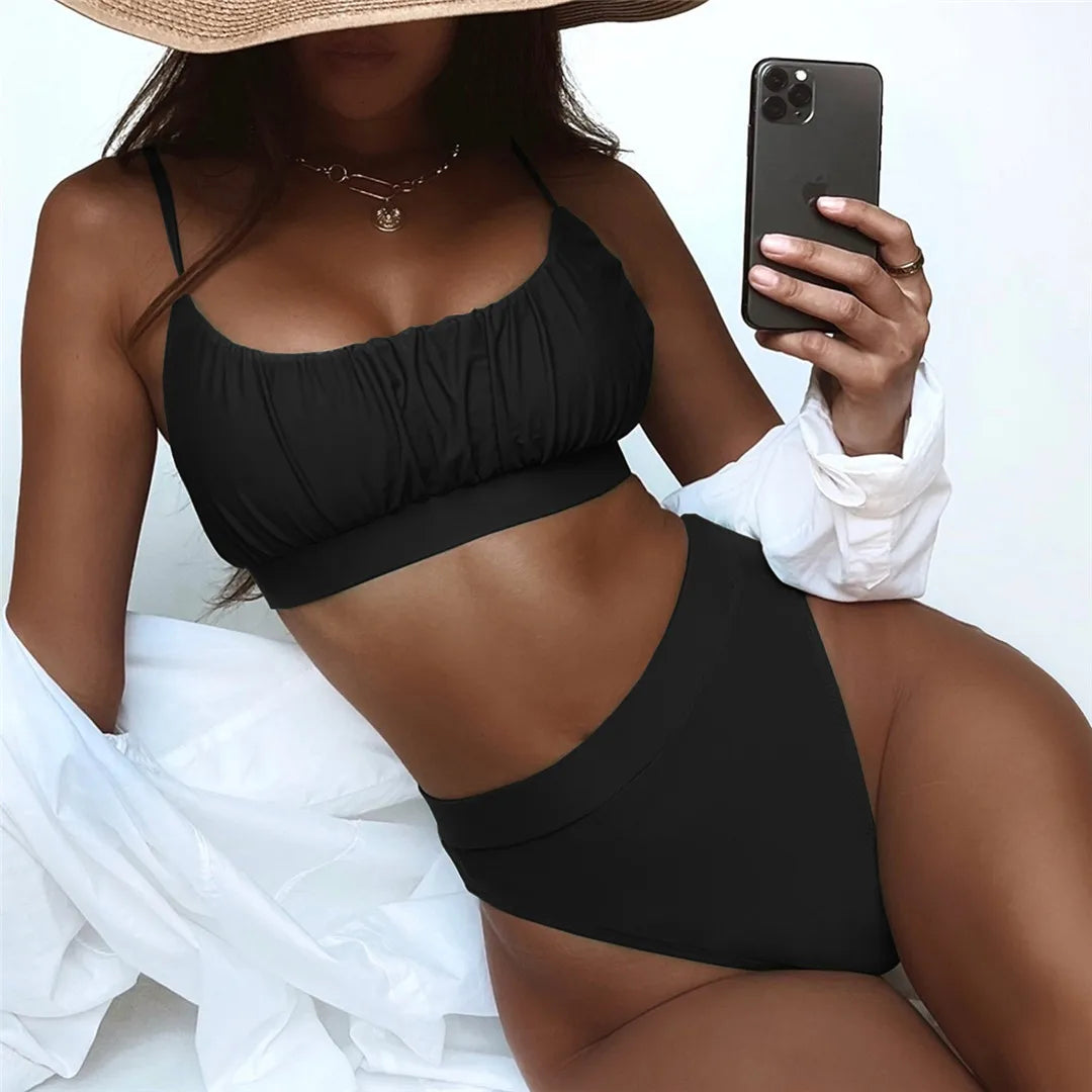 New Sexy Wrinkled Padded Female Swimsuit High Waist Bikini Women Swimwear Two-pieces Bikini Set Bather Bathing Suit Swim V3191