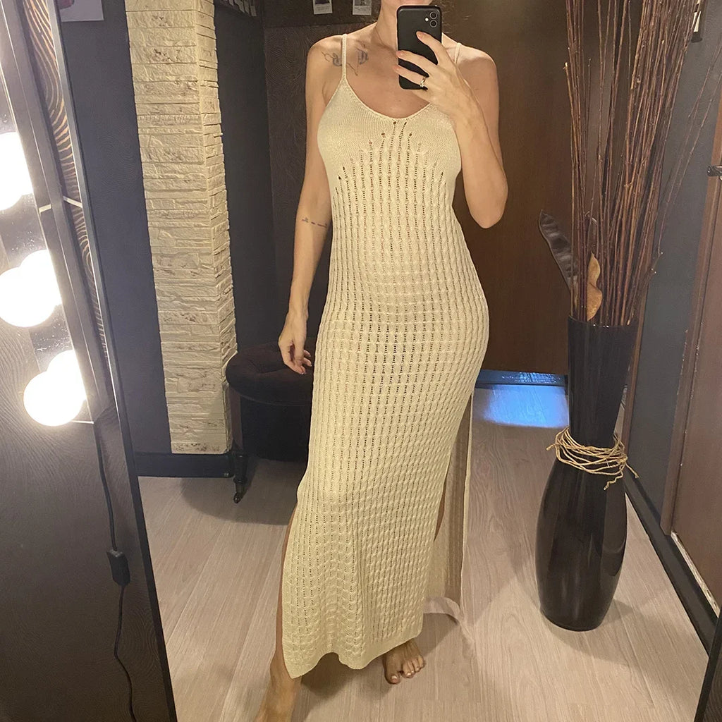 V Neck Sleeveless Hollow Out Crochet Knitted Tunic Beach Cover Up Cover-ups Beach Dress Beach Wear Beachwear Female Women V7212