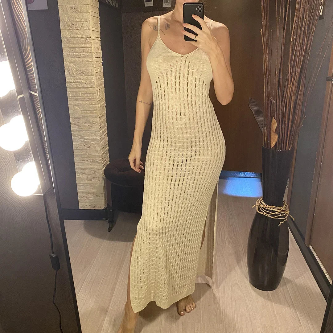 V Neck Sleeveless Hollow Out Crochet Knitted Tunic Beach Cover Up Cover-ups Beach Dress Beach Wear Beachwear Female Women V7212