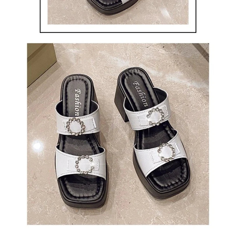 Summer Elegant Women High Heeled Slippers 2026 New Thick Heel Shoes Simple Fashion Waterproof Platform Soft Leather Sandals