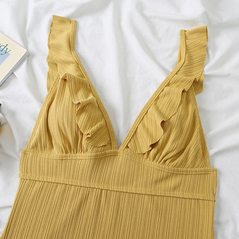 2026 Ruffle Swimsuit One Piece Solid V-neck Backless Swimwear Women Bathing Swimming Swim Suit Female Padded Beach Wear Summer