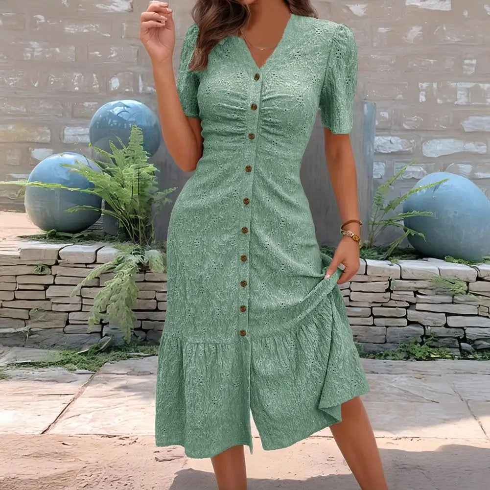 Women's Button Down Ruched Long Dress Summer Beach A-Line Swing Sundress Casual Short Sleeve V-Neck Maxi Dress