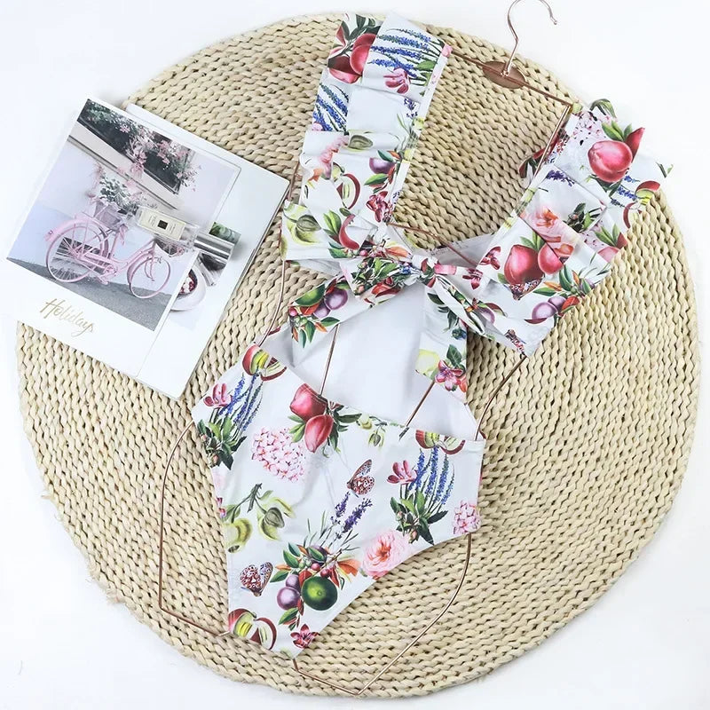 New Sexy One Piece Swimsuit Swimwear Women Flowers Fruits Print V-neck Big Ruffle Backless Bowknot Hollow Beachwear Bathing Suit