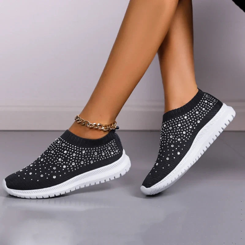 Women's Slip-On Crystal Sneakers 2025 Breathable Mesh Plus Size 35-43 Casual Flats Women Comfort Soft Sole Running Walking Shoes