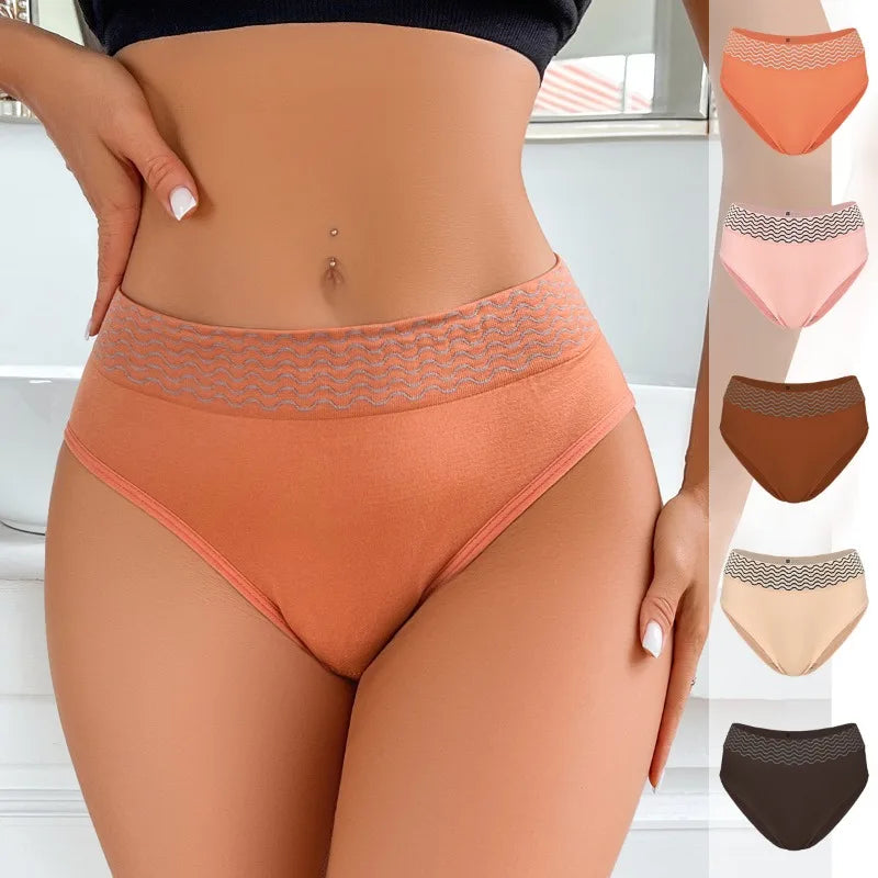 Women's Seamless Butt Lifting Panties Color Block Wave Trim Mid Rise Briefs Soft Comfortable Breathable Intimate Daily Underwear