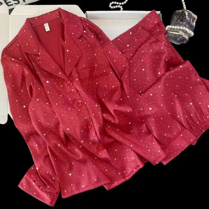 Spring and Autumn Ice Silk Long Sleeve Pajamas New Sweet Five-Pointed Star Homewear Set