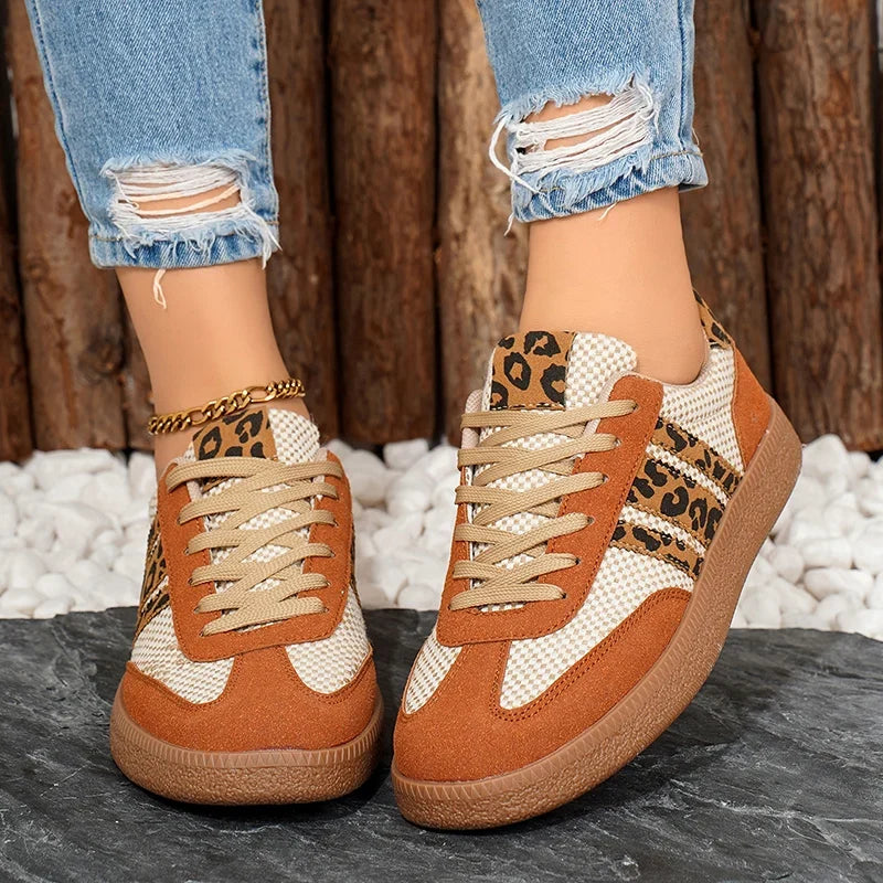 Leopard Stripe Lace Up Flats for Women Plus Size 42 Platform German Training Shoes Woman Non-Slip Thick Sole Sport Running Shoes