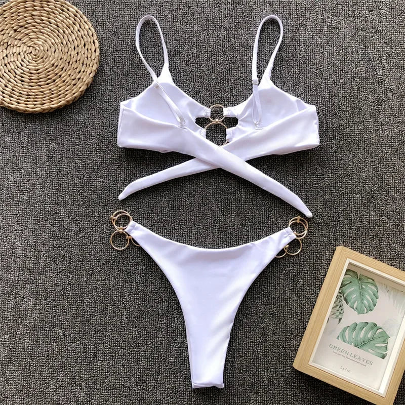 Metal Rings Bikinis Hollow Out Bikini Women Swimsuit Female Brazilian Swimwear Two Pieces Bikini Set High Cut Bathing Suit Swim