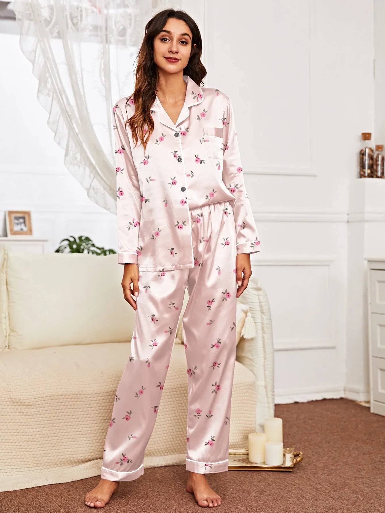 Spring and autumn long-sleeved trousers cardigan home wear set imitation silk women's pajamas can be worn outside