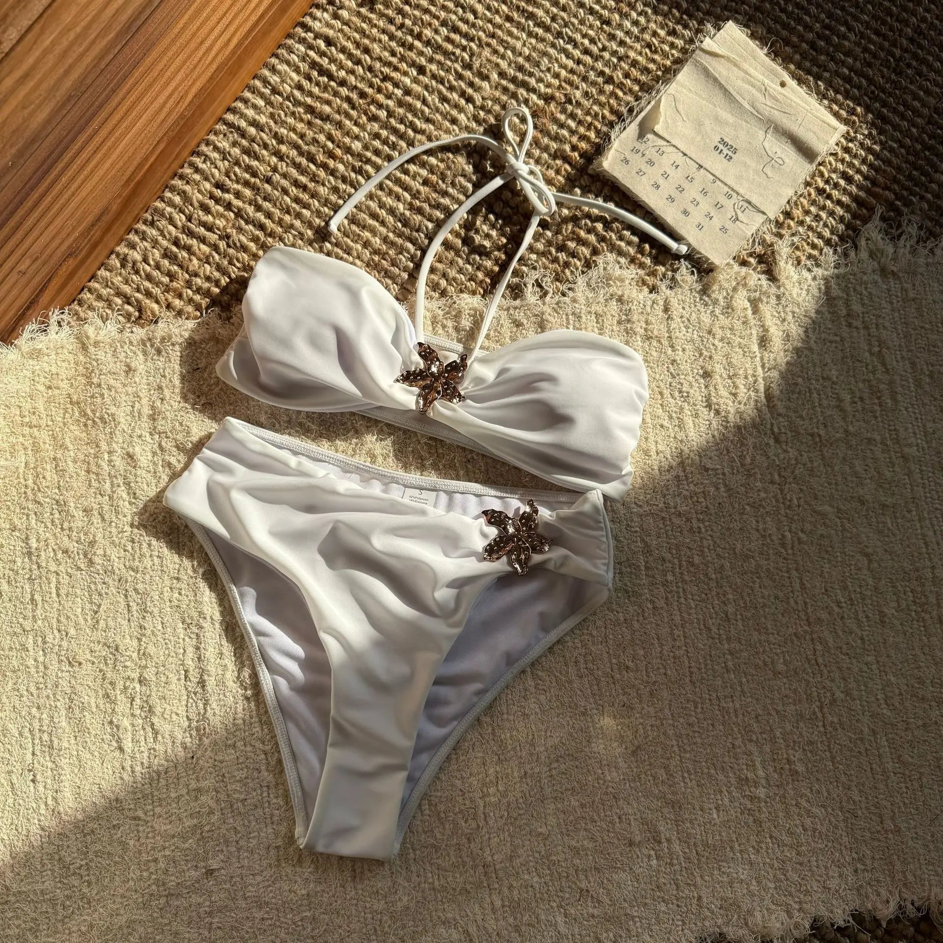 Sexy Metal Five-pointed Star Bikini Set Women White Halter Pleate Push Up High Waist Swimsuit 2025 Summer Bathing Suit Swimwear