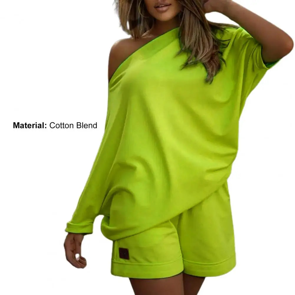 2 Pcs/Set Women Tracksuit One-shoulder Short Pants Solid Color Leisure Summer Top Set