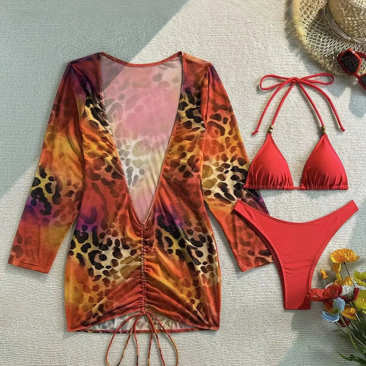 DEKA Three pieces Bikini Set Bather Bathing Suit Swim Long Sleeve Flower Printed Bikini Female Swimsuit Women Beachwear Swimwear