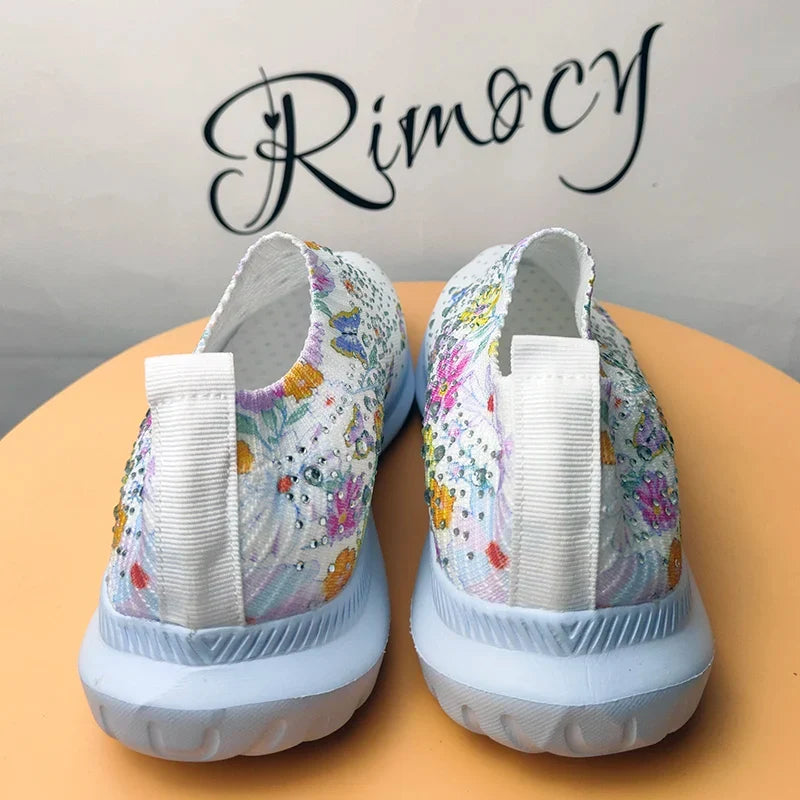 2025 Fashion Crystal Platform Sneakers Women Plus Size Slip On Flowers Printed Flats Woman Breathable Soft Sole Wakling Shoes