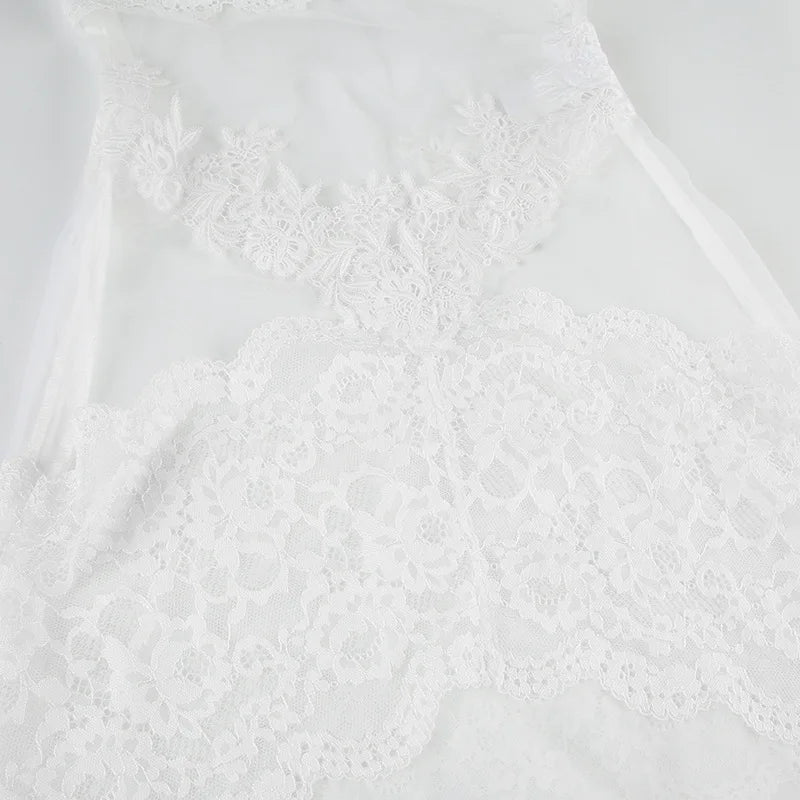 FDYOUI Sexy Lace Patchwork Mesh Long Dress Women Spaghetti Strap See-through Evening Party Dresses White Black Night Club Outfit