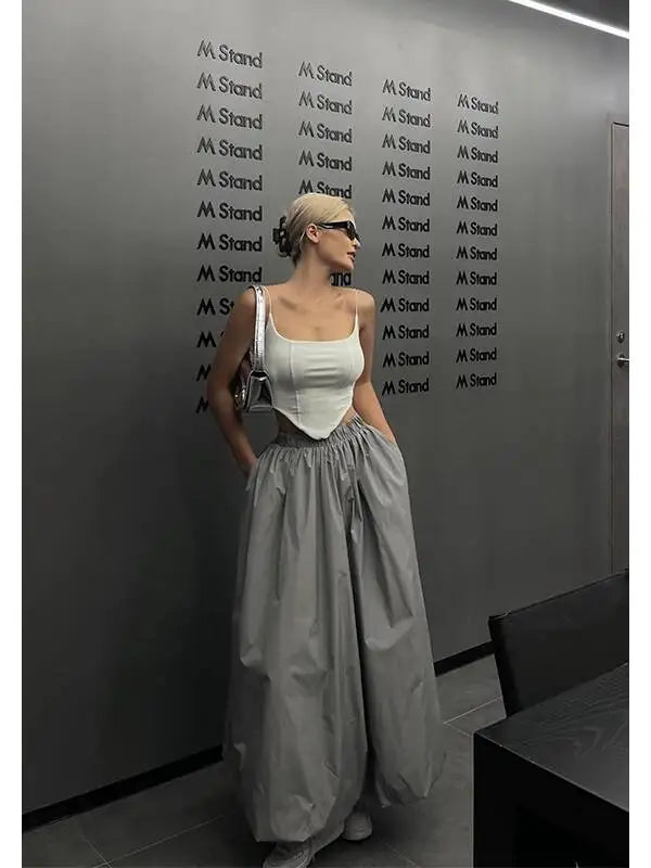 WOMENGAGA New Elastic Waist A-line Half Length Skirt For Women Summer Long Skirt American Girls High Waist Fashion Women A3UB