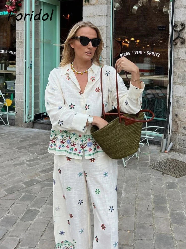Foridol Floral Embroidery Women Shirt Pants Set Linen 2 Pcs Outfit Female Matching Set Wide Leg Pants Suit 2025 Casual Set