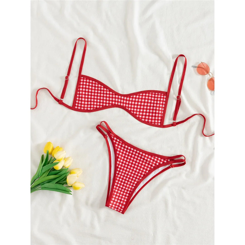 XS - L 2026 Plaid Printed Bikini Female Swimsuit Women Swimwear Polka Dot Bather Bathing Suit Swim Two-pieces Bikini set K8039