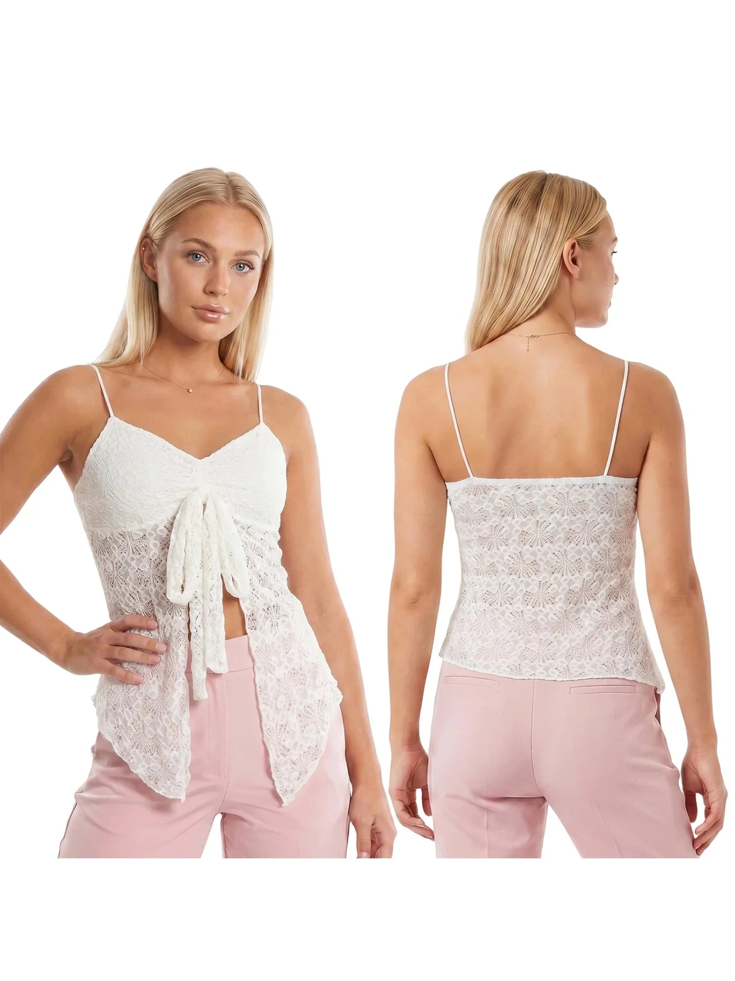 Women’s Solid Color Lace Halter Tank Tops Summer Fashionable Spaghetti Strap Handkerchief Hem Sheer Camis Tops