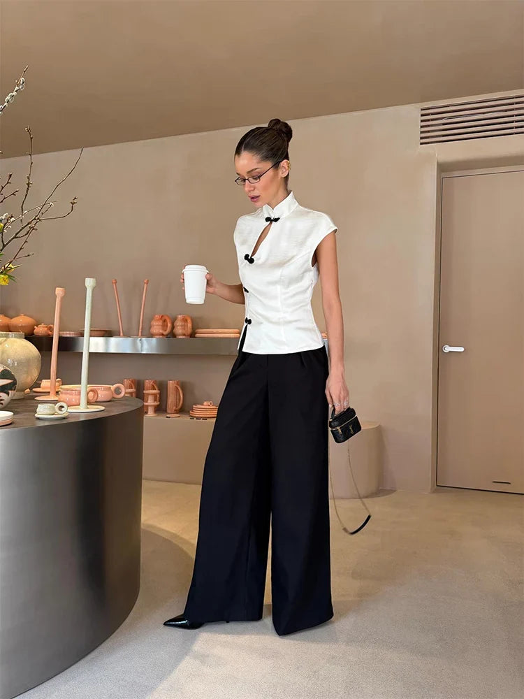 Fashion Women Short Sleeve Tops Tees Button Hollow Out Solid Slim Sheath Elegant Office Top Casual Cheongsam Inspired T-Shirt