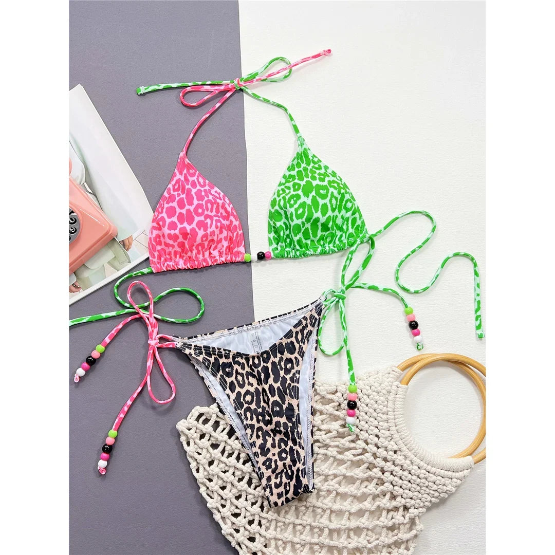 Sexy Leopard Printed Splicing Halter Bikini Women Swimwear Female Swimsuit Two-Pieces Bikini Set Bather Bathing Suit Swim V4517