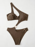 Sexy One Shoulder Swimwear Women Coffee Metal Buckle Hollow Out Backless Thong Bikini Summer Bathing Suit One Piece Swimsuit