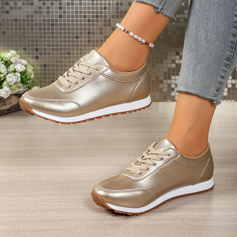 Fashion Gold Silver Platform Sneakers Women Spring Autumn Lace Up Plus Size Casual Sneakers Woman Comfort Non Slip Sport Shoes