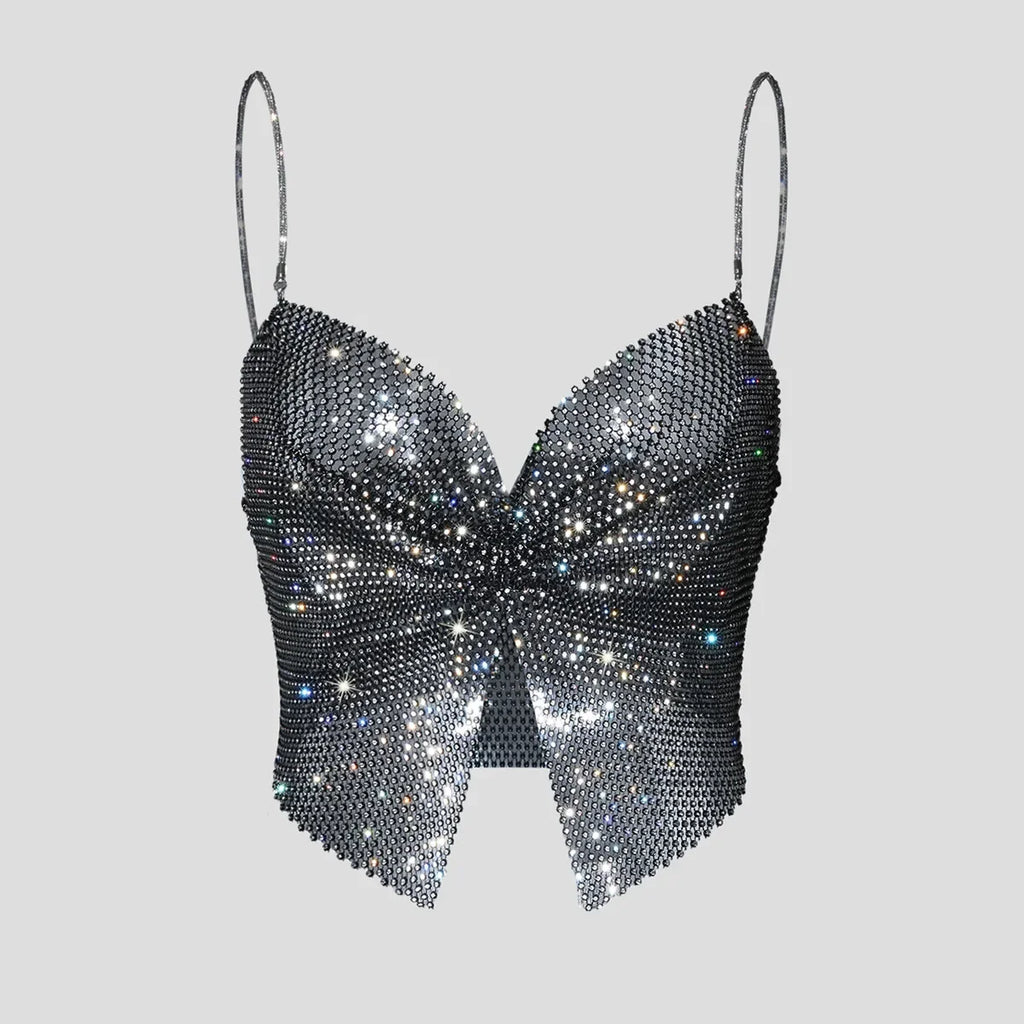 Toucheart Sexy Bow Knot Rhinestones Perspective Suspender Bra For Women Sexy Hottie Fishing Slit Lining Sleeveless Backless Bra