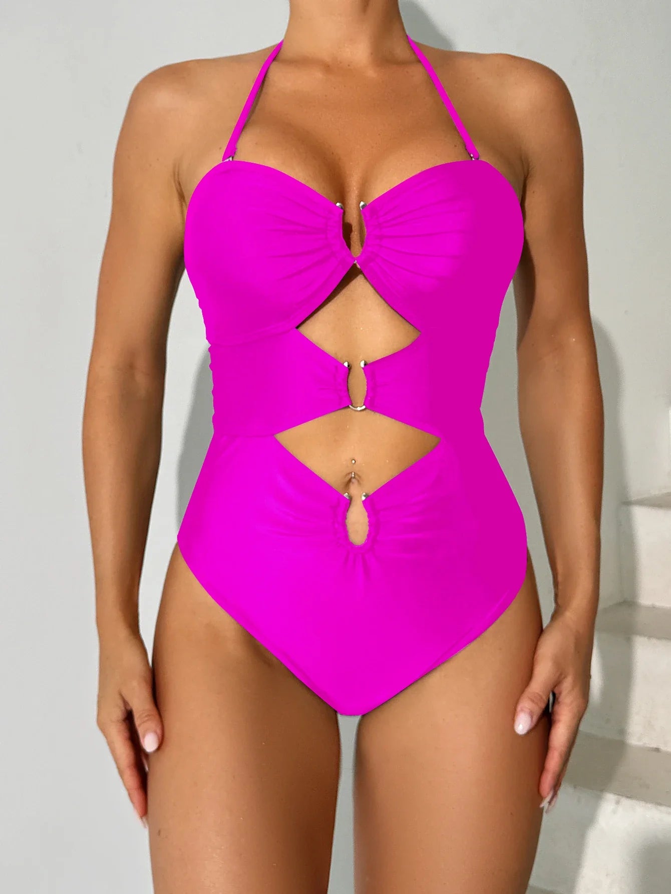 2026 Halter U-wire Swimsuit One Piece Sexy Hollow Swimwear Women Solid Bathing Swimming Swim Suit Padded Beachwear Summer XXL