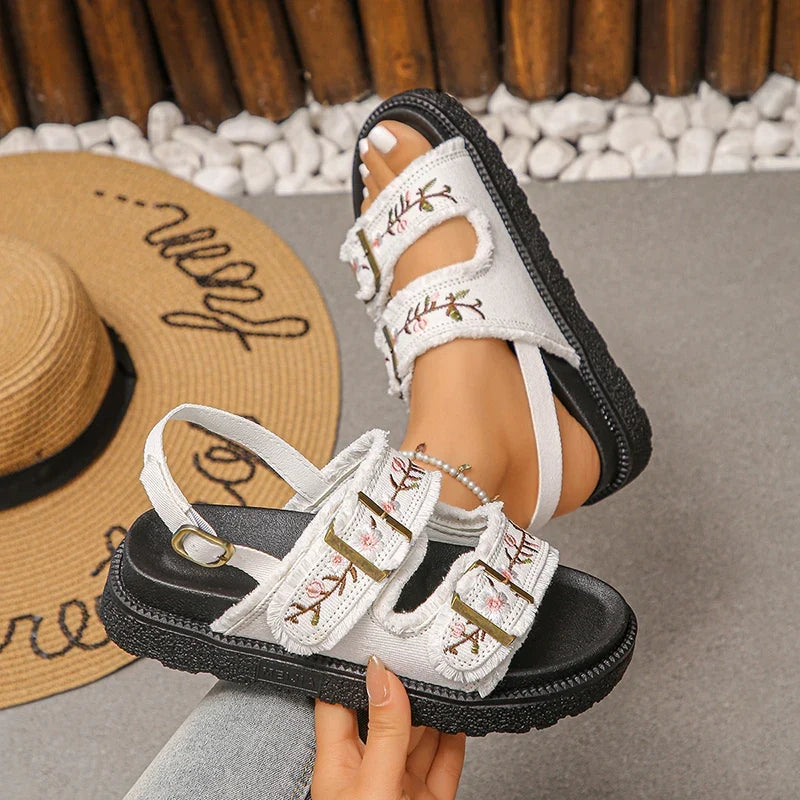 Fashion Flowers Embroidery Platform Sandals Women Plus Size 43 Back Strap Thick Bottom Sandles Woman Anti Slip Summer Sandals