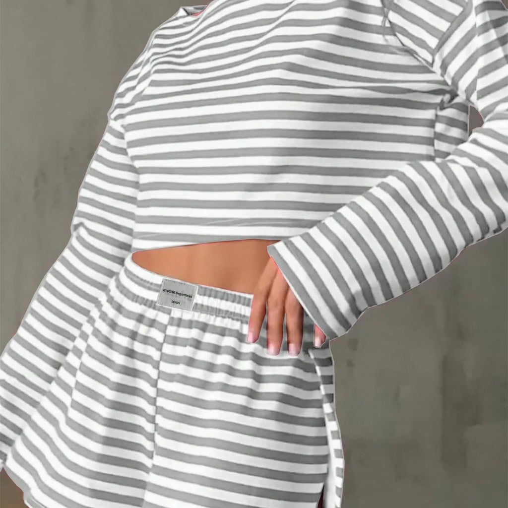 Summer Striped Pajama Sets for Women Sleepwear Long Sleeve Top and Shorts 2 Piece Set Casual Home Wear Loungewear